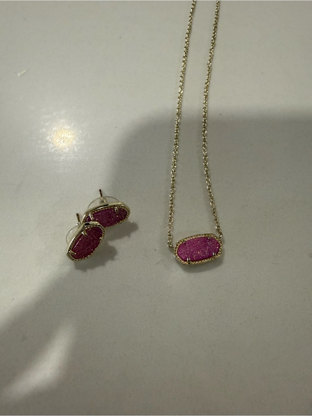Kendra Scott Hot Pink Druzy Pendant Necklace and Stud Earrings Set